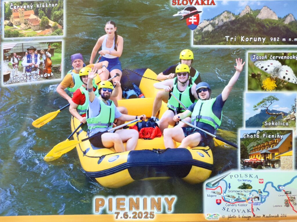 A postcard from Pieniny, Slovakia, dated June 7, 2025, showing a group of seven people rafting on a yellow inflatable boat in a river, surrounded by forested rocky mountains. Small inset images show local landmarks and traditional Slovak culture.